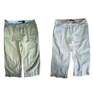 French Cuff Womens 12 Cotton Cargo Capri Pants Lot 2 Green White Button Tie